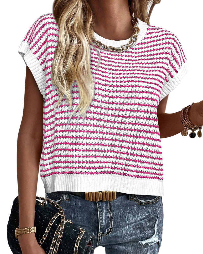 Viora Maglia Donna Tricotată – Guler Rotund cu Dungi, Mâneci Cap și Pulover Ușor Casual Chic