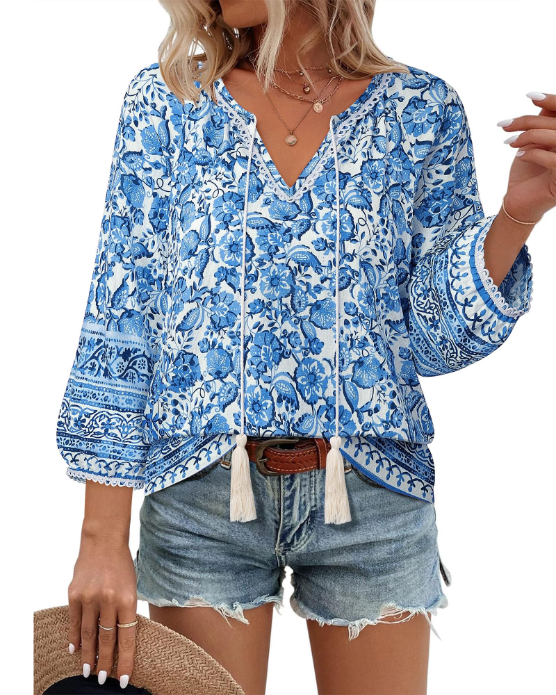 Azelia Blouse Femme Bohème – Col en V, Imprimé Floral & Nœud Avant, Manches 3/4 Fluides