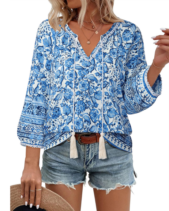 Azelia Blouse Femme Bohème – Col en V, Imprimé Floral & Nœud Avant, Manches 3/4 Fluides