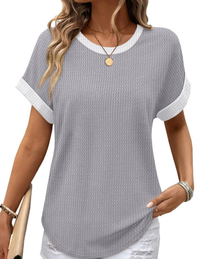 Riora Top Donna Waffle Knit – Girocollo, Maniche Arrotolate & Vestibilità Loose Fit Casual