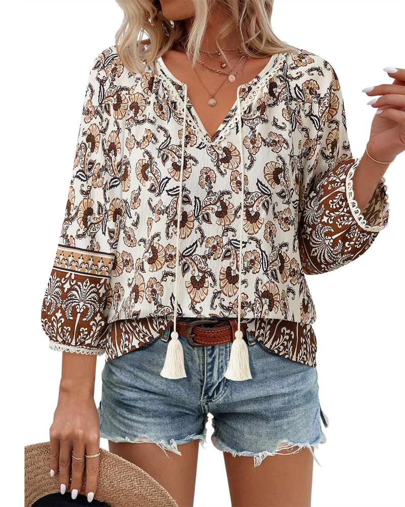 Azelia Blouse Femme Bohème – Col en V, Imprimé Floral & Nœud Avant, Manches 3/4 Fluides