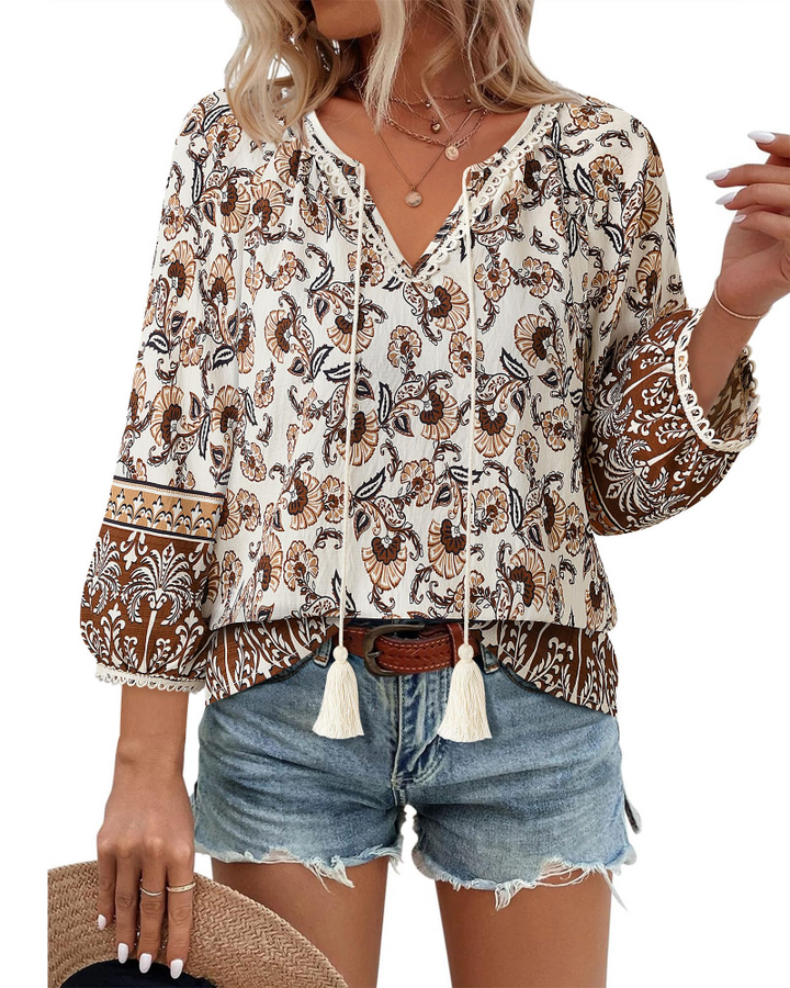 Azelia Blouse Femme Bohème – Col en V, Imprimé Floral & Nœud Avant, Manches 3/4 Fluides