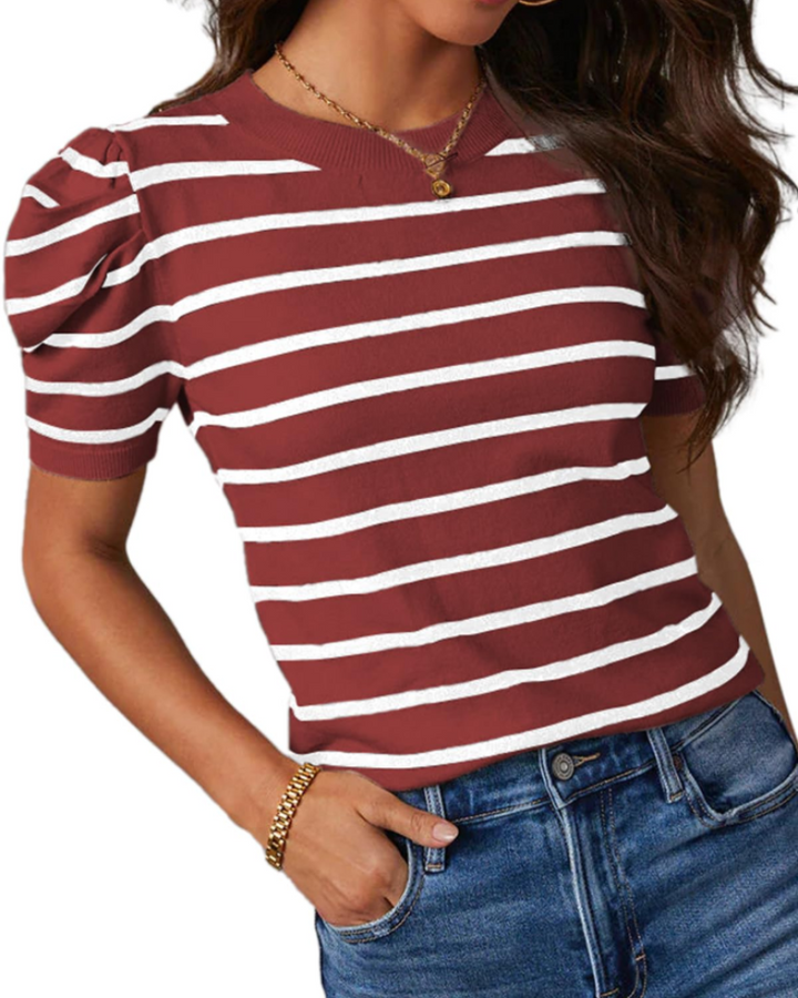 Alvena Top Donna – Girocollo a Righe, Maniche Puff & Maglia Knit Slim Fit Estiva