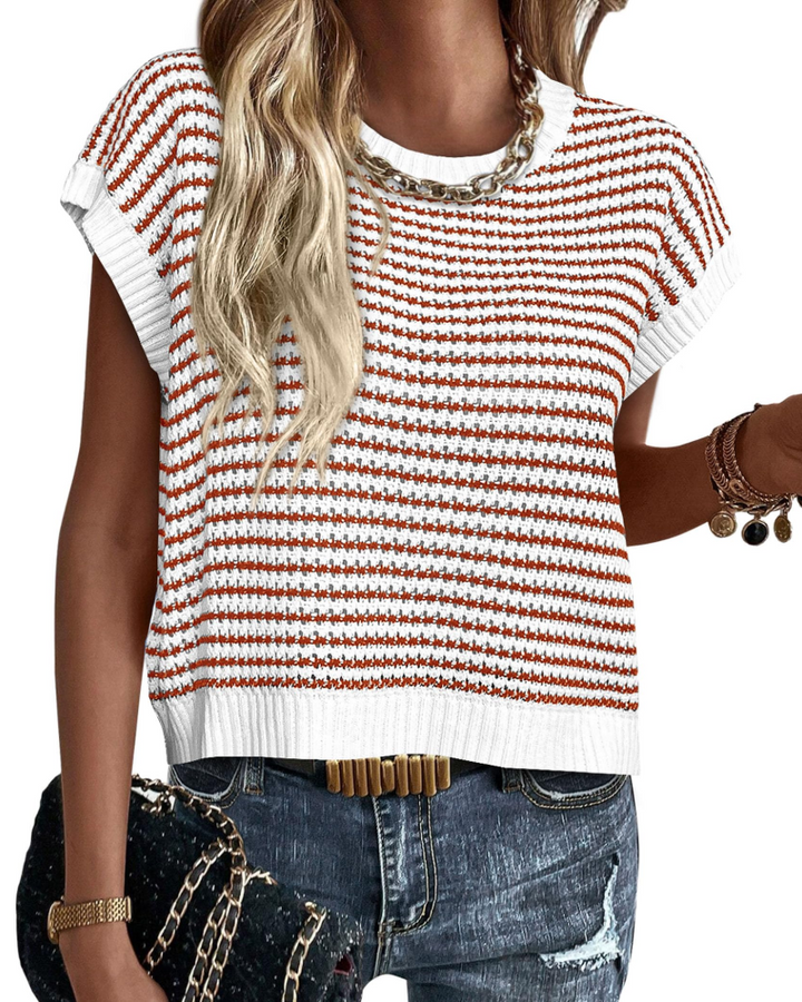 Viora Maglia Donna Tricotată – Guler Rotund cu Dungi, Mâneci Cap și Pulover Ușor Casual Chic