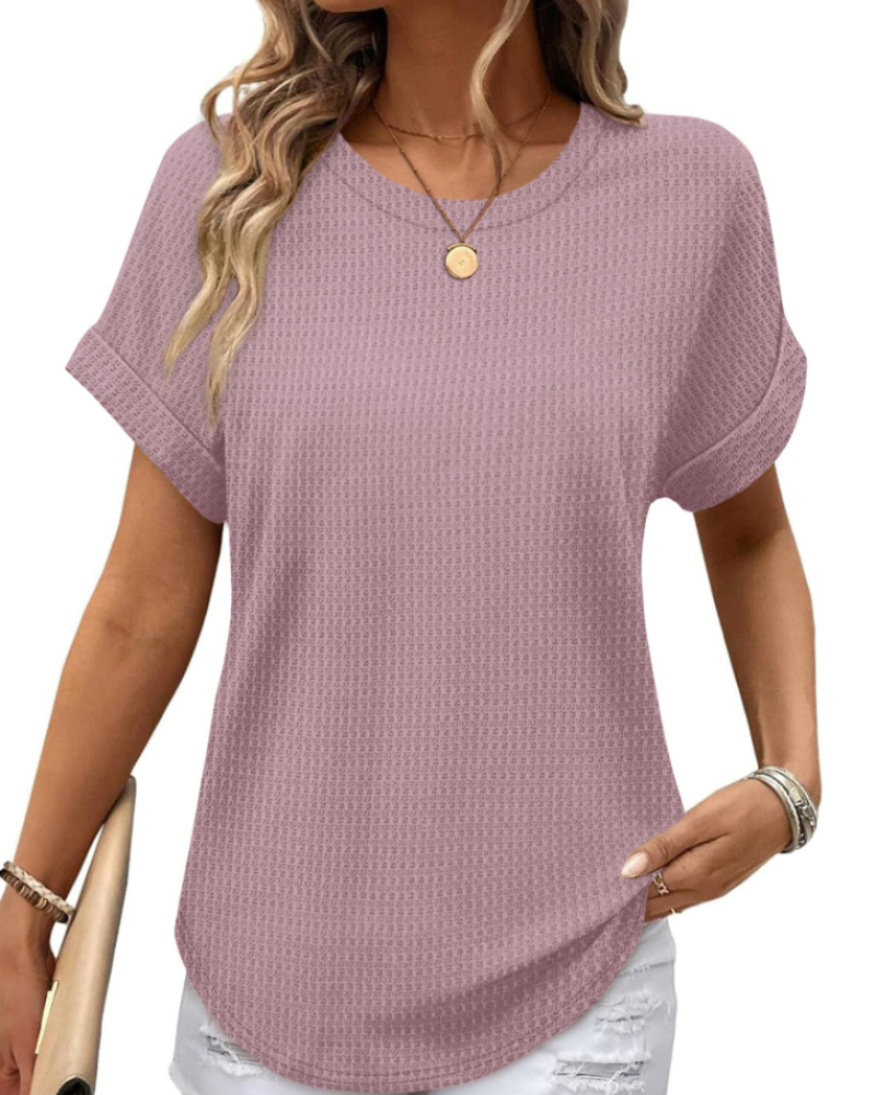 Riora Top Donna Waffle Knit – Girocollo, Maniche Arrotolate & Vestibilità Loose Fit Casual