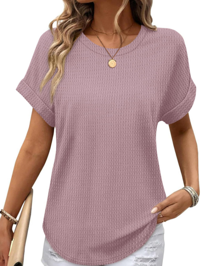 Riora Top Donna Waffle Knit – Girocollo, Maniche Arrotolate & Vestibilità Loose Fit Casual
