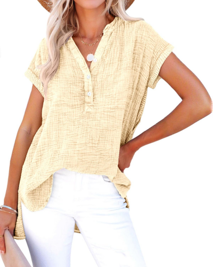 Nessa Dámská halenka – Výstřih do V s knoflíky, prodyšná bavlna & volný casual top