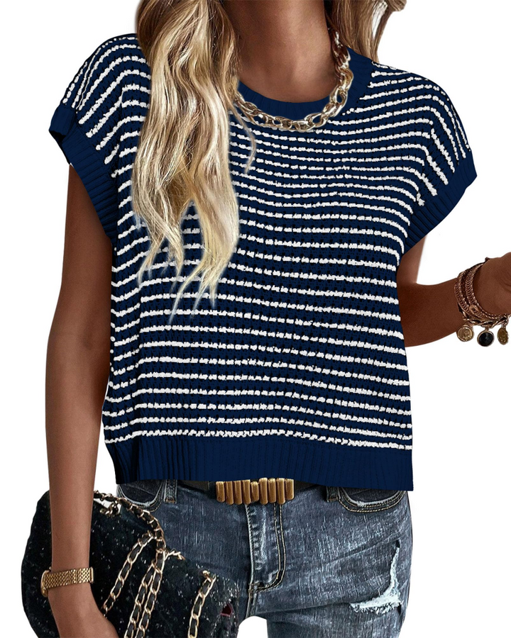 Viora Maglia Donna Tricotată – Guler Rotund cu Dungi, Mâneci Cap și Pulover Ușor Casual Chic