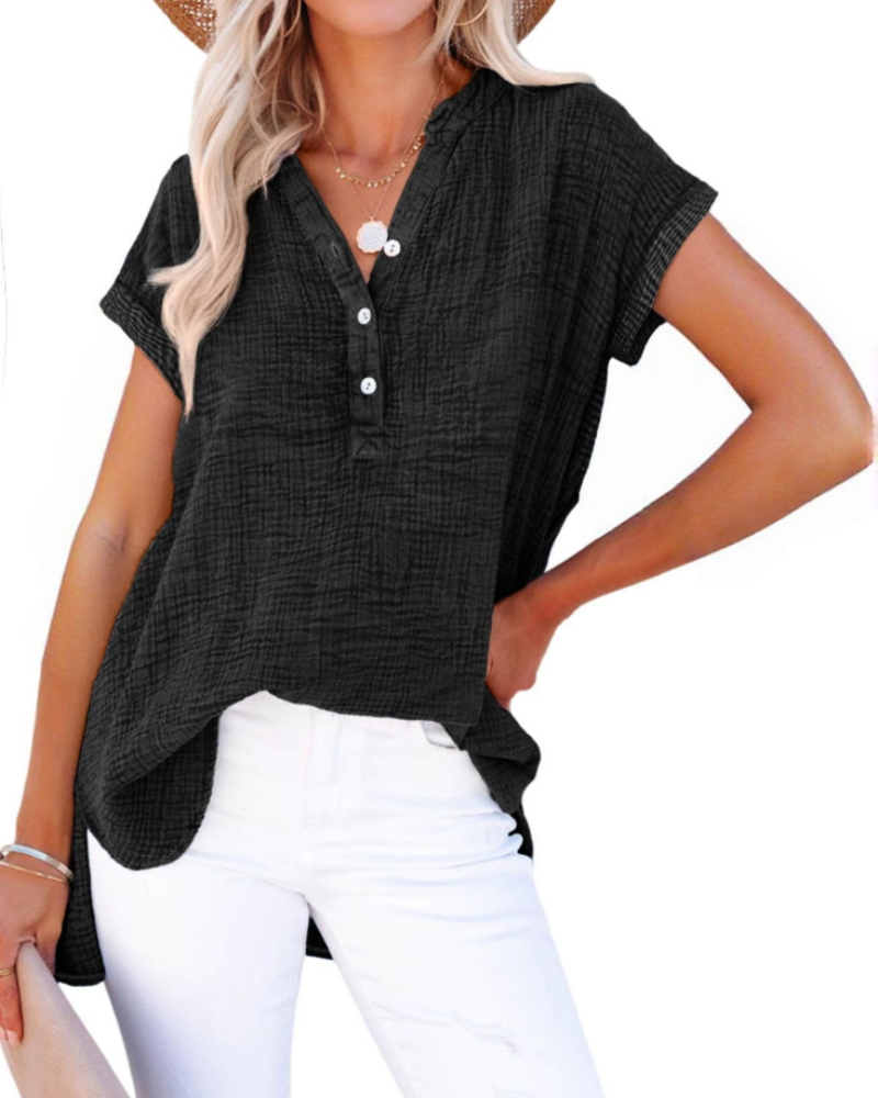 Nessa Dámská halenka – Výstřih do V s knoflíky, prodyšná bavlna & volný casual top