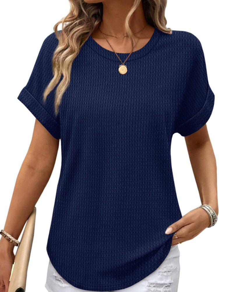 Riora Top Donna Waffle Knit – Girocollo, Maniche Arrotolate & Vestibilità Loose Fit Casual
