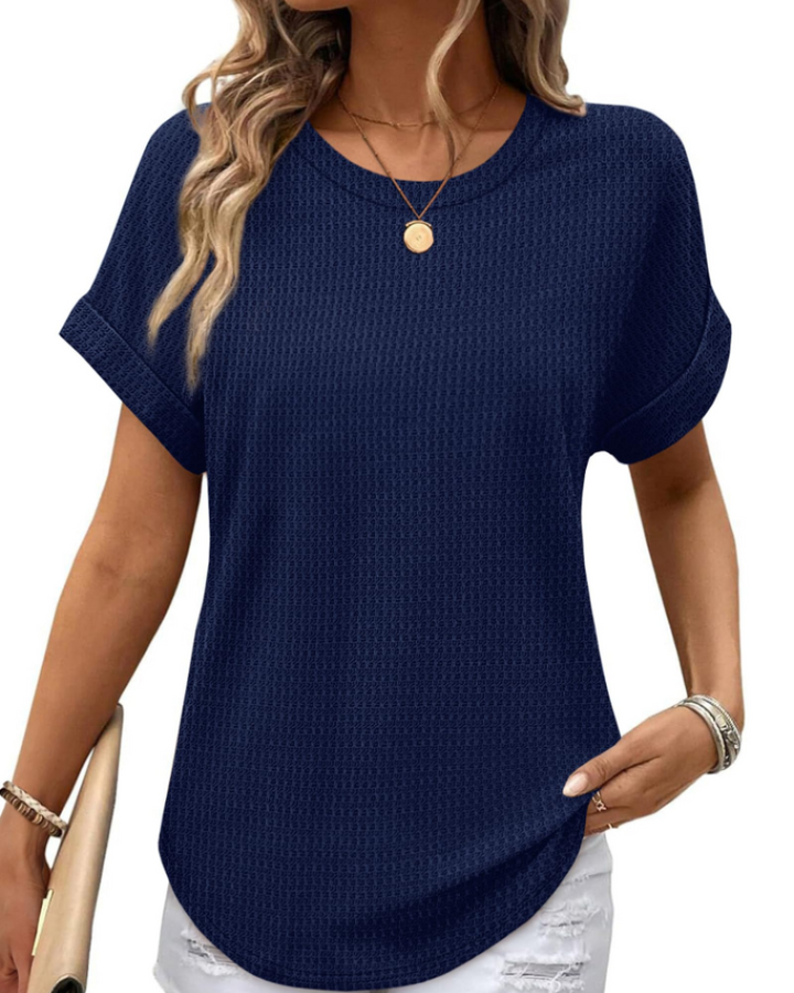 Riora Top Donna Waffle Knit – Girocollo, Maniche Arrotolate & Vestibilità Loose Fit Casual
