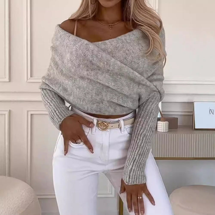 Hazel Maglione Damen Off-Shoulder – Weicher Umschlagpullover mit eleganten Rippstrickärmeln