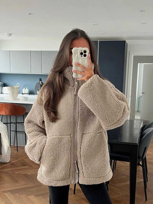 Maya Giacca Teddy Dame – Blød og Varm Jakke med Lynlås, Lommer og Komfortabel Pasform