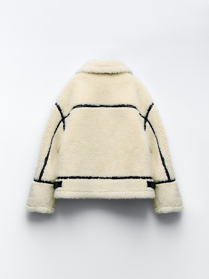 Vania Giacca Teddy Donna – Faux Shearling Morbido Color Crema con Profili a Contrasto