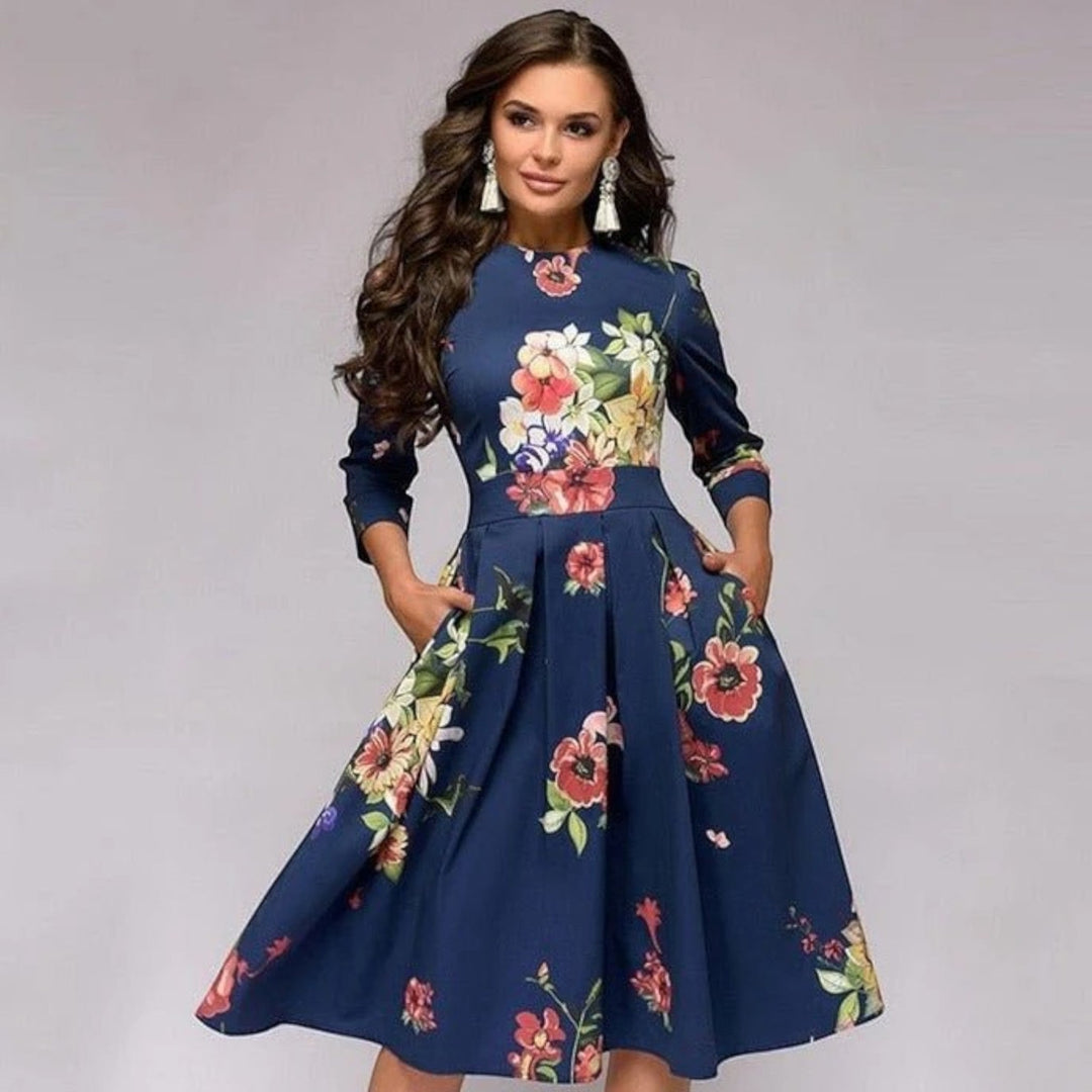 Floral Dress with Round Neck for Women | Midi