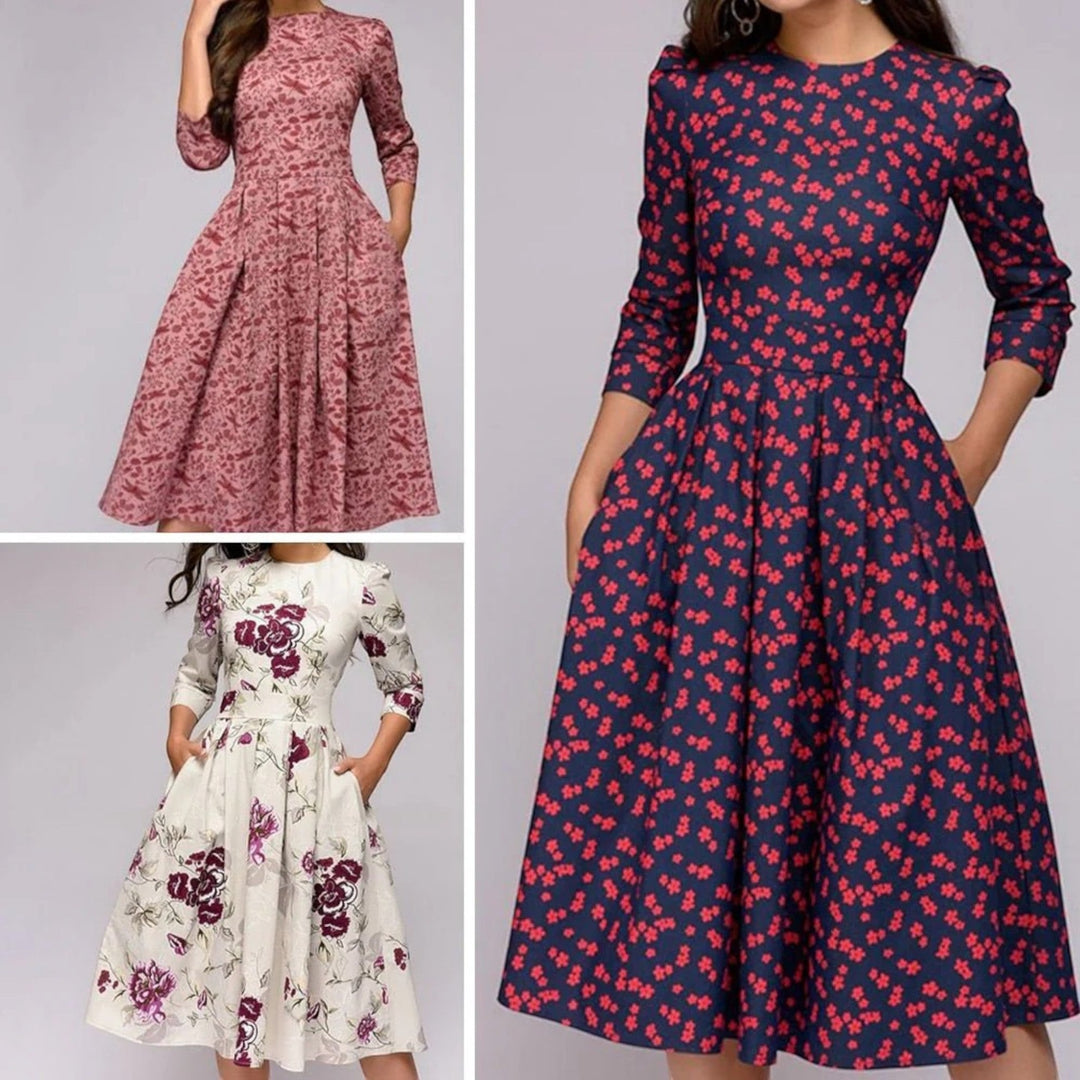 Floral Dress with Round Neck for Women | Midi