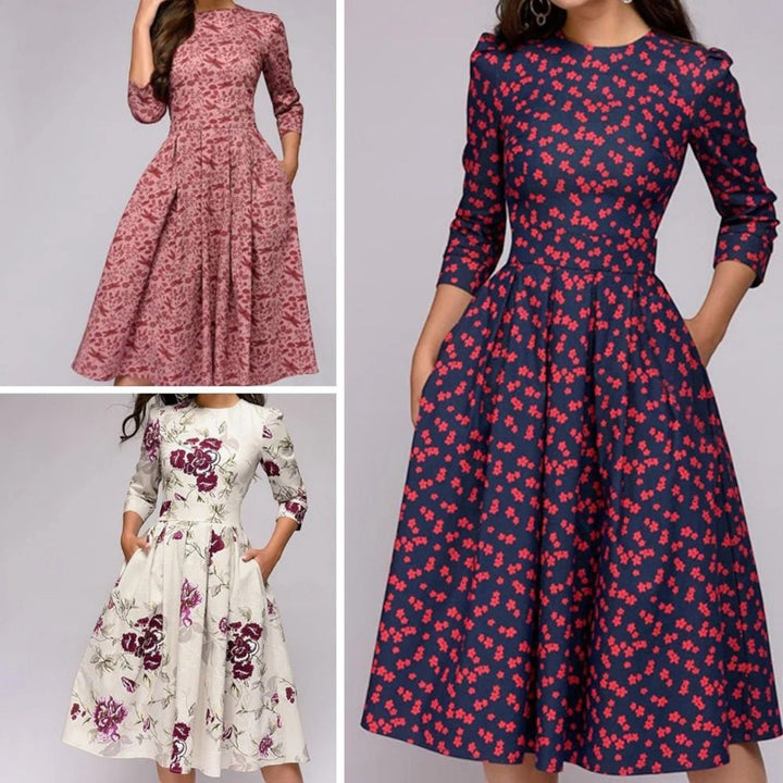Floral Dress with Round Neck for Women | Midi