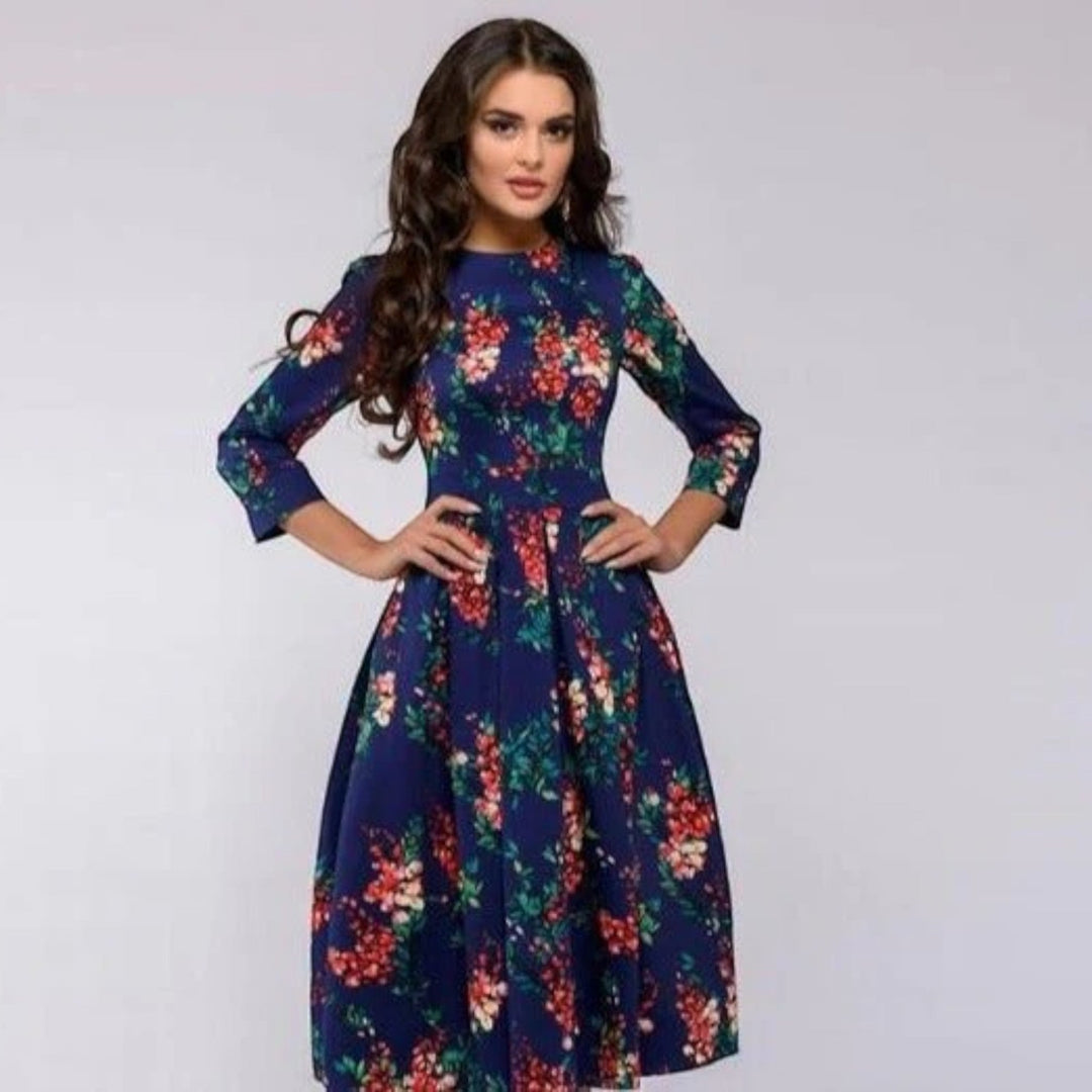 Floral Dress with Round Neck for Women | Midi
